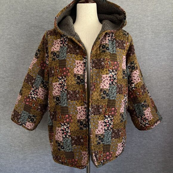 Patchwork Boho Fleece Chore Coat M/L Hooded Reversible Embroidered Cottagecore - Picture 2 of 12